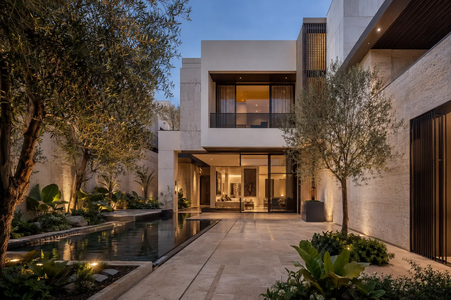 Modern Lahore-inspired residence at dusk